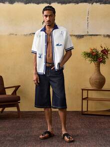 ROMWE MEN Street Life 男士刺绣撞色滚边短袖针织上衣 - 水鴨藍 - 查看 6