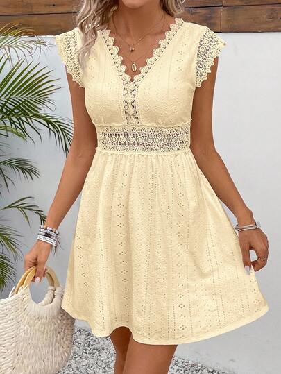 SHEIN Frenchy Women's Solid Color V-Neck Lace Trim Patchwork Embroidered Summer Dress Eyelet Dress Women Women Vacation Dress V Neck Dresses Summer Elegant Dress French Style Dress