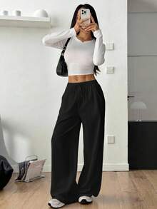 SHEIN PETITE 女士夏季乡村音乐会外出波西米亚海滩度假装扮基本款简约水洗100%纯棉白色弧形裤脚长裤，秋季女装 - 黑色 - 查看 6