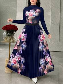 Modelyn Women Floral Print Long Sleeve Blouse And Pleated Midi Skirt 2 Pieces Set - Navy Blue - View 3