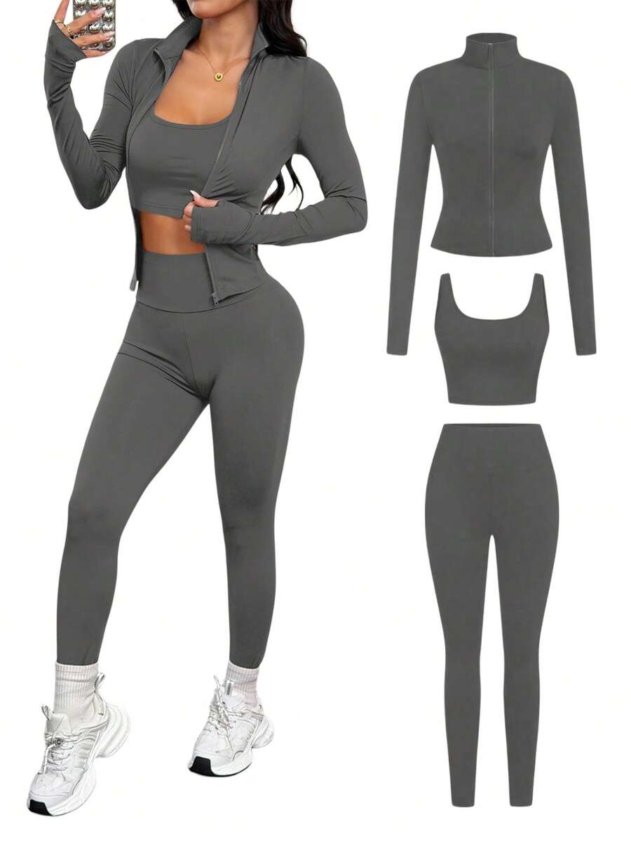 SHEIN PETITE 3pcs Brown Knit Women's Sports Set, Suitable For Yoga, Running, Workout, Daily Wear, Autumn/Winter - Grey - View 1