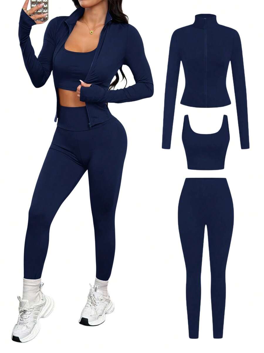 SHEIN PETITE 3件組棕色針織女款運動套裝,適合瑜伽、跑步、健身、日常穿著,秋冬女款3件式運動緊身褲套裝,適合嬌小女性 - 藏蓝色 - 查看 1