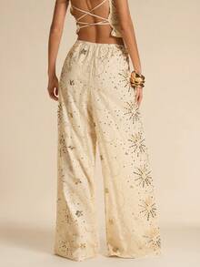 SHEIN BAE 老钱风格女士亮片休闲弹力腰亮片高腰阔腿裤 - 杏色 - 查看 2