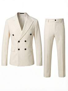 Manfinity Bizformal 男士纯色缺角领双排扣长袖西装外套和长袖休闲办公套装 - 淡黃色 - 查看 3