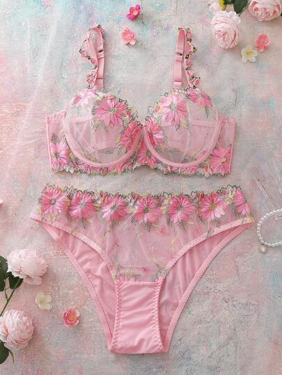 Plus Size Romantic Floral Embroidery Mesh Bra And Panty Set