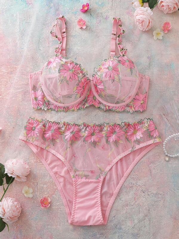 Plus Size Romantic Floral Embroidery Mesh Bra And Panty Set