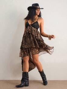 Freevana Vestido de tirantes con estampado de leopardo bohemio en marrón, vestido corto casual de estilo vacacional con cuello en V profundo, falda con volantes y diseño suelto para mujeres - Multicolor - Ver 7