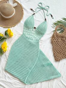 Soleia 女士度假休闲露背吊带针织连衣裙钩编长裙夏季长裙沙滩长裙钩编连衣裙秋冬度假连衣裙 - 薄荷綠 - 查看 1