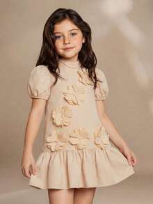 SHEIN Young Girl Solid Color 3D Floral Decor Ruffle Hem Short Sleeve Dress Apricot Tan,Orange,Summer,Flower Girl Neutral Nude Beige Dress For Tweens - Apricot - View 3