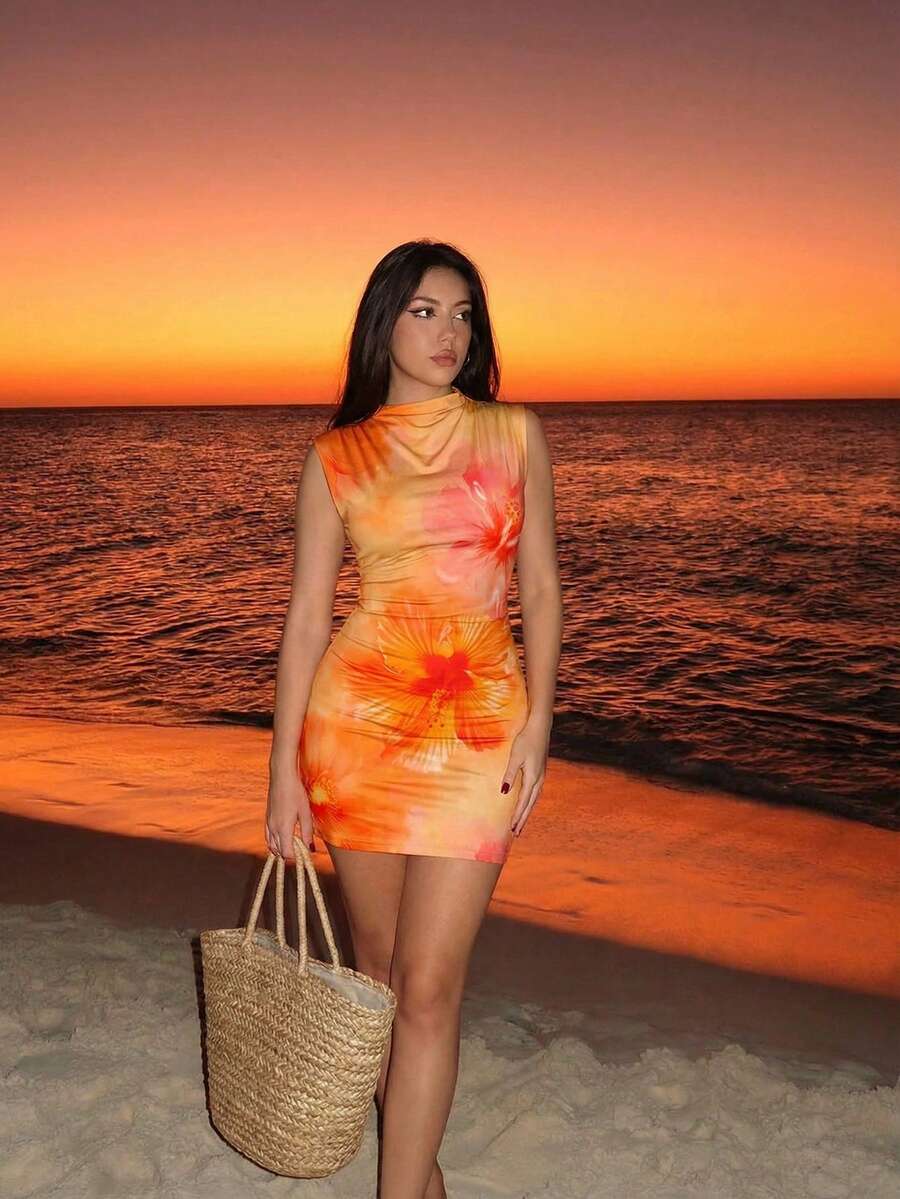 Firerie Elegant Sexy Vacation Style Orange Hibiscus Hawaiian Flower Print Ruched Bodycon Dress, Suitable For Summer, Women Beach Outfit, Valentine's Day - Multicolor - View 1