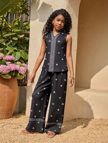 SHEIN Tween Girl All-Over Print Notch Neck Tank Top And Pants Casual Set - Black - View 4