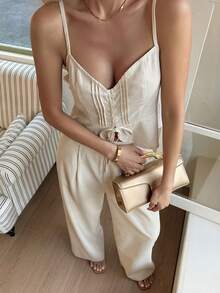 Livesso 春夏宽松休闲系带无袖背心褶皱荷叶边拼接套装休闲裤两件套，女士休闲度假海滩风 - 杏色 - 查看 6