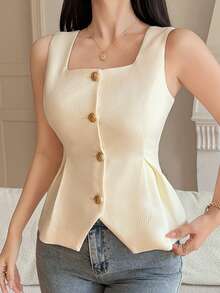 DAZY Chaqueta fina sin mangas de unicolor y textura elegante para mujer, de verano - Beis - Ver 11