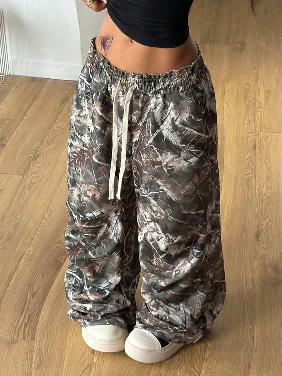 Coolane 女士夏秋季基本款条纹树枝图案阔腿运动裤 - 摩卡棕 - 查看 1