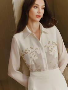 Anewsta Women's Elegant Fashion Mesh Patchwork Embroidered Pearl Blouse Sheer Shirt Elegant Blouses - White - View 4