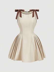 SHEIN MOD Plus Size Khaki Round Neck, Contrast Color Bow Decor Shoulder, Short Dress, Minimalist Commuter Dress For Spring/Summer, Elegant Girlish Style - Apricot - View 6