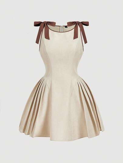 SHEIN MOD 加大码卡其色圆领短款连衣裙，肩部饰有撞色蝴蝶结，简约通勤连衣裙，适合春夏穿着，优雅少女风