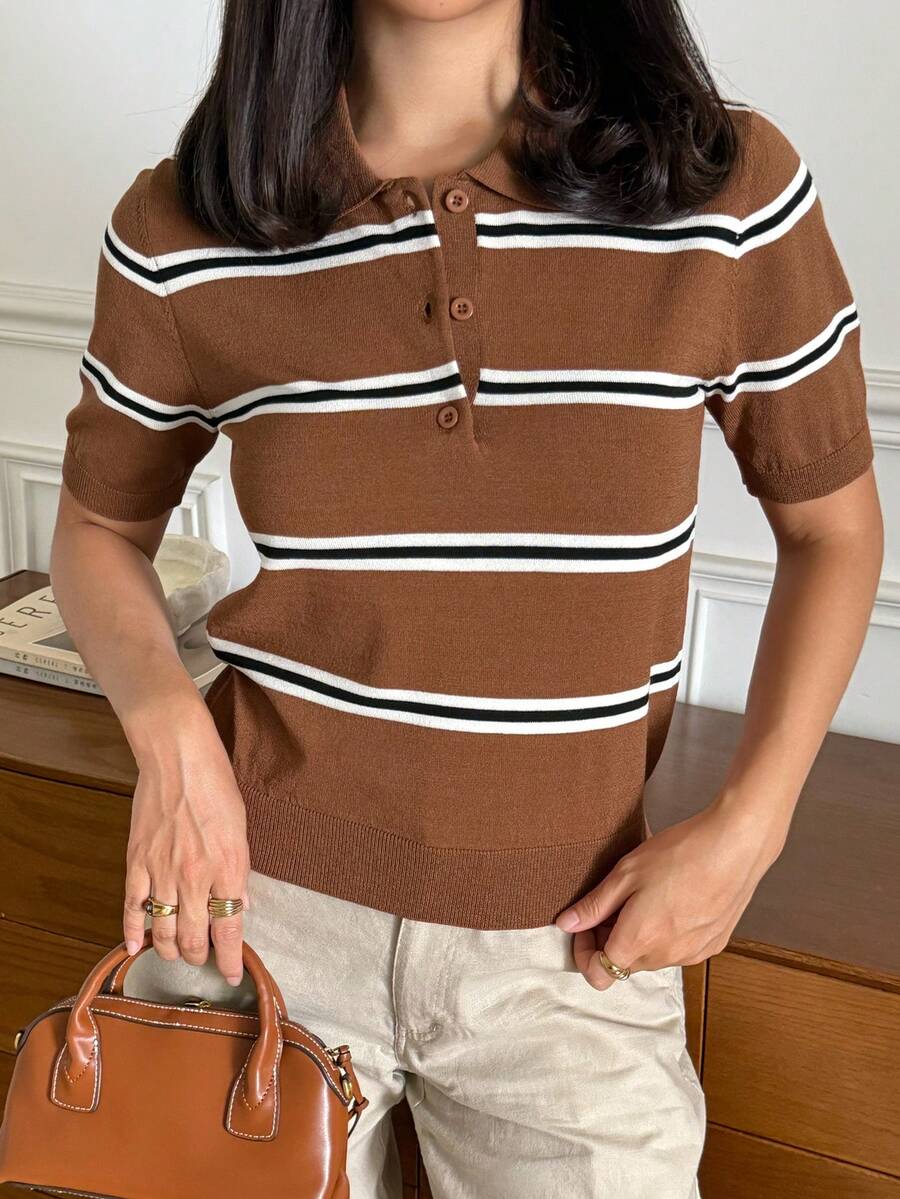 DAZY Women's Striped Print Half-Zip Pullover Short Sleeve Knit Top - Coffee Brown - View 1