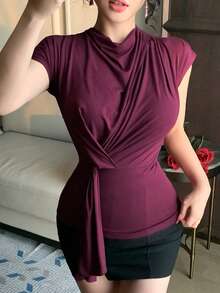 DAZY Women's Elegant Solid Color Asymmetric Drape Neck Tie T-Shirt, Summer - Purple - View 4