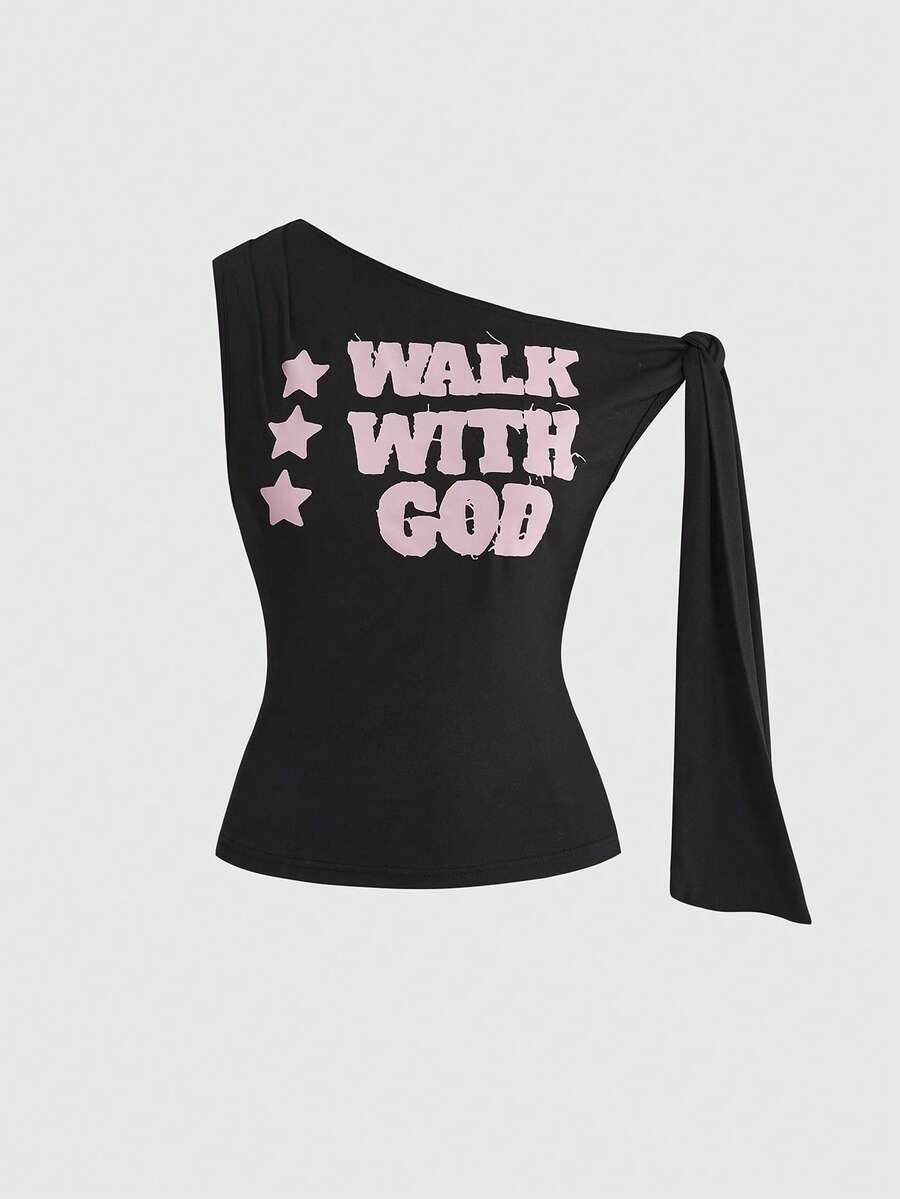 ROMWE Y2K露脐不对称肩带短款上衣，适合音乐节、派对、夜店、旅行、约会、休闲街头风等场合，夏季必备。 - 黑色 - 查看 1