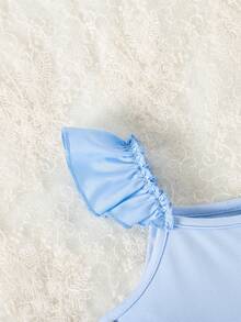 SHEIN Đầm hè cho bé gái 4-7 tuổi, thích hợp cho mùa tựu trường, màu xanh dương, kiểu dáng thời trang dễ thương, tay phồng, nơ, thêu hoa, dây lưới, chất liệu mềm mại thoải mái, phù hợp cho các hoạt động ngoài trời mùa xuân/hè, có thể dùng làm quà tặng. - Màu xanh lam - Xem 4