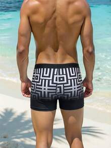 Horizaway 男士几何印花抽绳腰带休闲泳裤 - 黑與白 - 查看 3