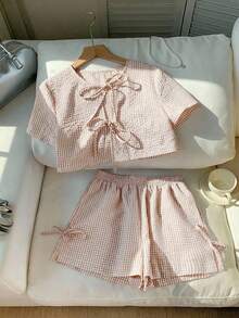 SHEIN LUNE 大码女式格子印花返校套装，女士前系带衬衫，商务休闲，适合曲线身材，搭配短裤，返校季两件套，秋季女装，复古富贵风格 - 卡其色 - 查看 7