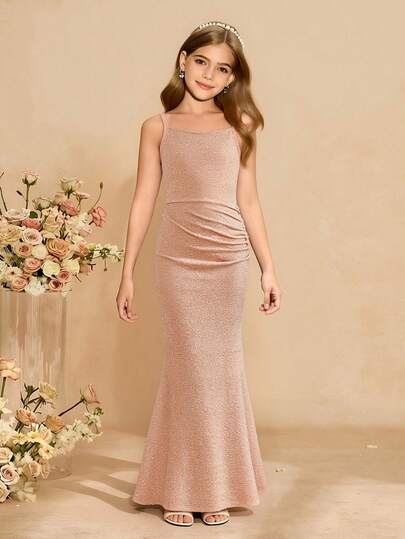 SHEIN Tween Girl Elegant Luxurious Fashion Off-Shoulder Sleeveless High Waist Long Dress With Metallic Foil, Pink Color, Shiny Party Dress, Prom Dress, Birthday Dress