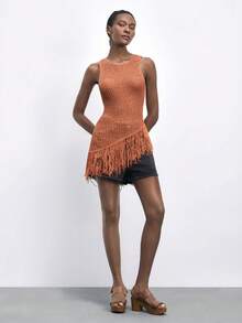 Maija Women Orange Sleeveless Fringed Hem Knit Top - Coral Orange - View 7