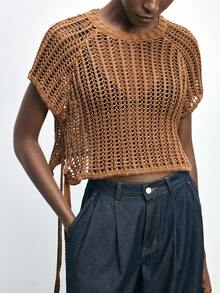 Maija Women's Round Neck Side Slit Tie-Up Hollow Out Knit Top - Brown - View 2