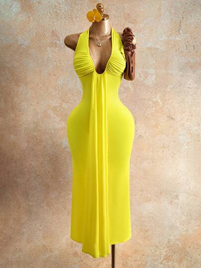 Mistrie Women's Solid Color V-Neck Halter Backless Sleeveless Fashion Summer Dress