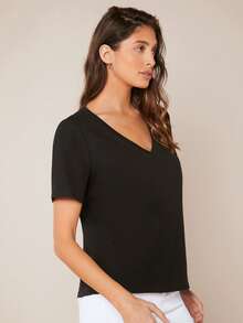SHEIN BASICS Short Sleeves V-Neck Solid Casual Tee - Black - View 4