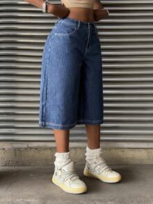 StreetHx 女士时尚休闲百搭刺绣条纹七分牛仔裤 - 深色水洗藍 - 查看 5