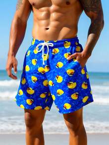 Manfinity Swimmode Pantalones cortos de playa con cordón en la cintura y estampado de pato de dibujos animados para hombres - azul real - Ver 7