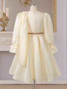 女童优雅泡泡袖V领长袖连衣裙，饰有金色蕾丝边，适合旅行和休闲穿着，春夏款 - 米色 - 查看 2