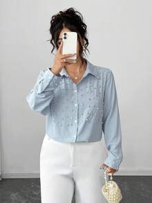 Elenzga Plus Size Women Casual Fashion Faux Pearl Button Front Long Sleeve Shirt Fall Cloth For Women - Dusty Blue - View 5