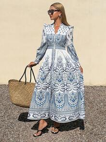 DAZY 复古宫廷风优雅荷叶边V领单排扣灯笼袖收腰A字印花长连衣裙 - 藍色 - 查看 3