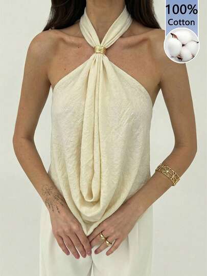 Aloruh 女士性感米色100%纯棉纯色露背吊带上衣，配金属扣——优雅度假沙滩装、音乐节狂欢装、西部音乐节、夏季假期、热带度假、海滩之旅、婚礼宾客、约会之夜、通勤、毕业典礼、外出、春夏/夏季/