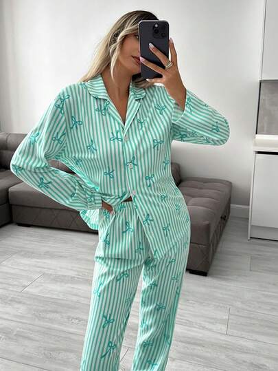 EURMUSE Women 2 Pcs Button Front With Striped&Bot Pattern Homewear Cute Pajama Set
