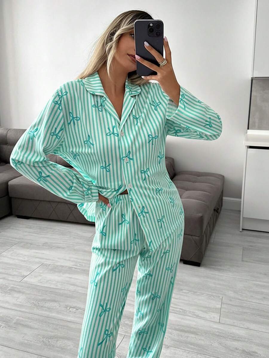 EURMUSE Women 2 Pcs Button Front With Striped&Bot Pattern Homewear Cute Pajama Set - Green - View 1