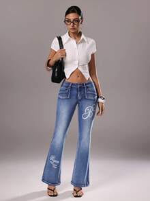 TRNVIE Women's Minimalist Print Low Waist Flare Leg Jeans - Blue - View 7