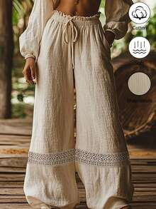 Quần dài ống rộng màu trơn, cạp chun, phối ren, chất liệu cotton pha. - Màu Khaki - Xem 1