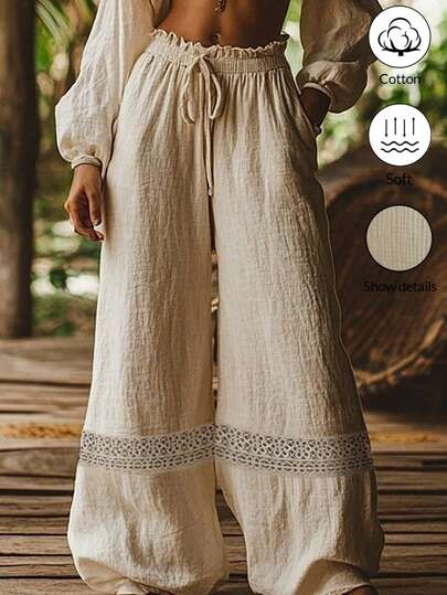 EMERY ROSE Pantalon décontracté à taille élastique avec patchwork en dentelle, pantalon long en mélange de coton