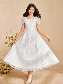 Teen Girl Floral Embroidery Pattern Fashionable Chic Party Vacation Dress - White - View 3