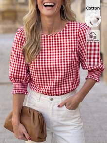 Solivie Blusa casual de mujer con cuello redondo, mangas abultadas y estampado de cuadros, para verano - Rojo y blanco - Ver 2