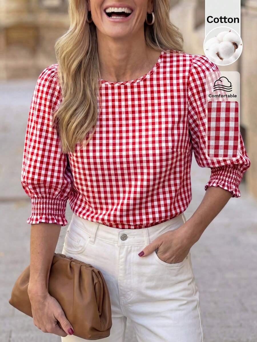 Solivie Blusa casual de mujer con cuello redondo, mangas abultadas y estampado de cuadros, para verano