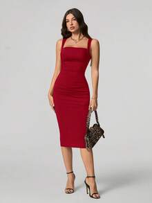 SHEIN Tall Đầm hai dây màu trơn thanh lịch dành cho nữ - Màu Đỏ Sâu - Xem 5