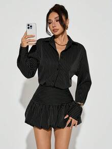 PETITE Conjunto casual para mujer, atuendos de otoño para mujer, falda de burbujas marrón y blusas, rayas marrones - Negro - Ver 7