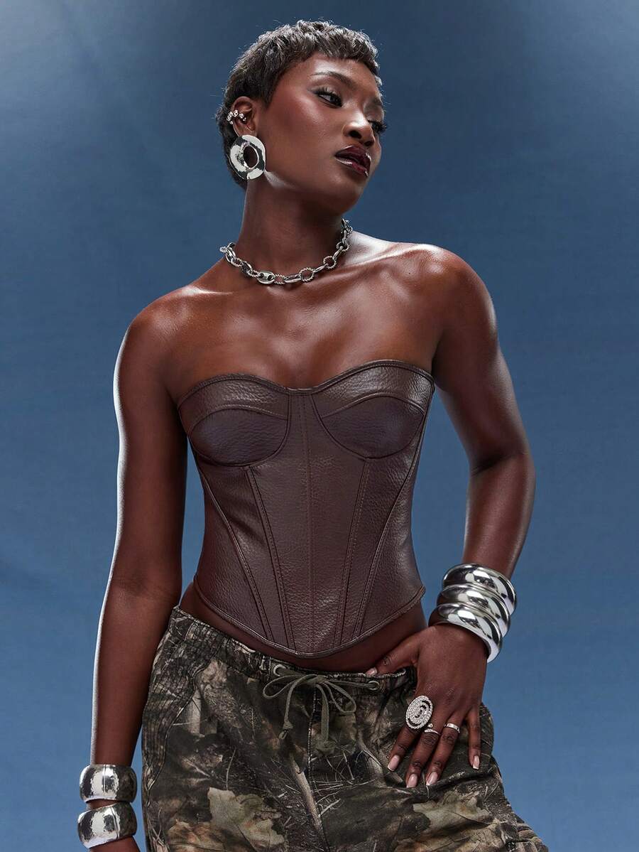 Normani 女士纯色PU皮革性感时尚抹胸上衣 - 棕色 - 查看 1