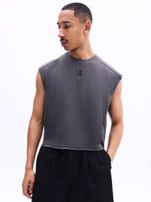 SUMWON Men's Vintage Washed Grey Sleeveless Crop Tank Top With Turntable Print And Text Detail Regular Fit Summer Casual Wear - Grey - View 4